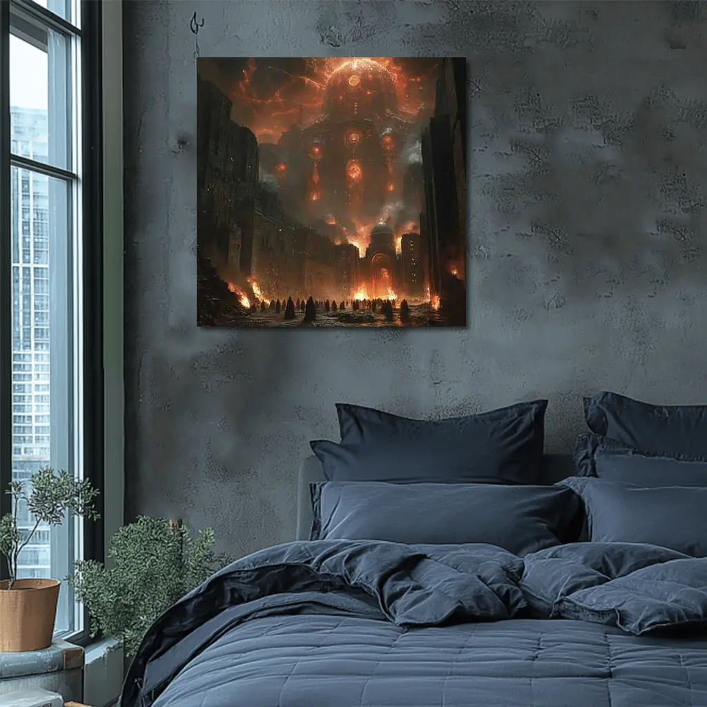 Dark Fantasy City Burning Cosmic Entity Sky – Wall Art