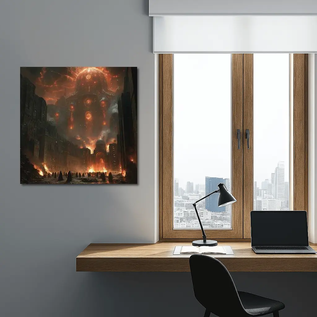 Dark Fantasy City Burning Cosmic Entity Sky – Wall Art
