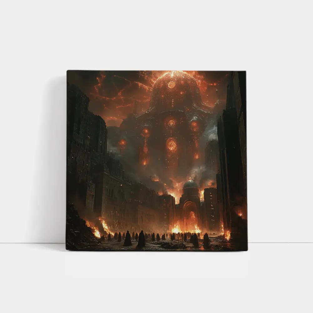 Dark Fantasy City Burning Cosmic Entity Sky – Wall Art