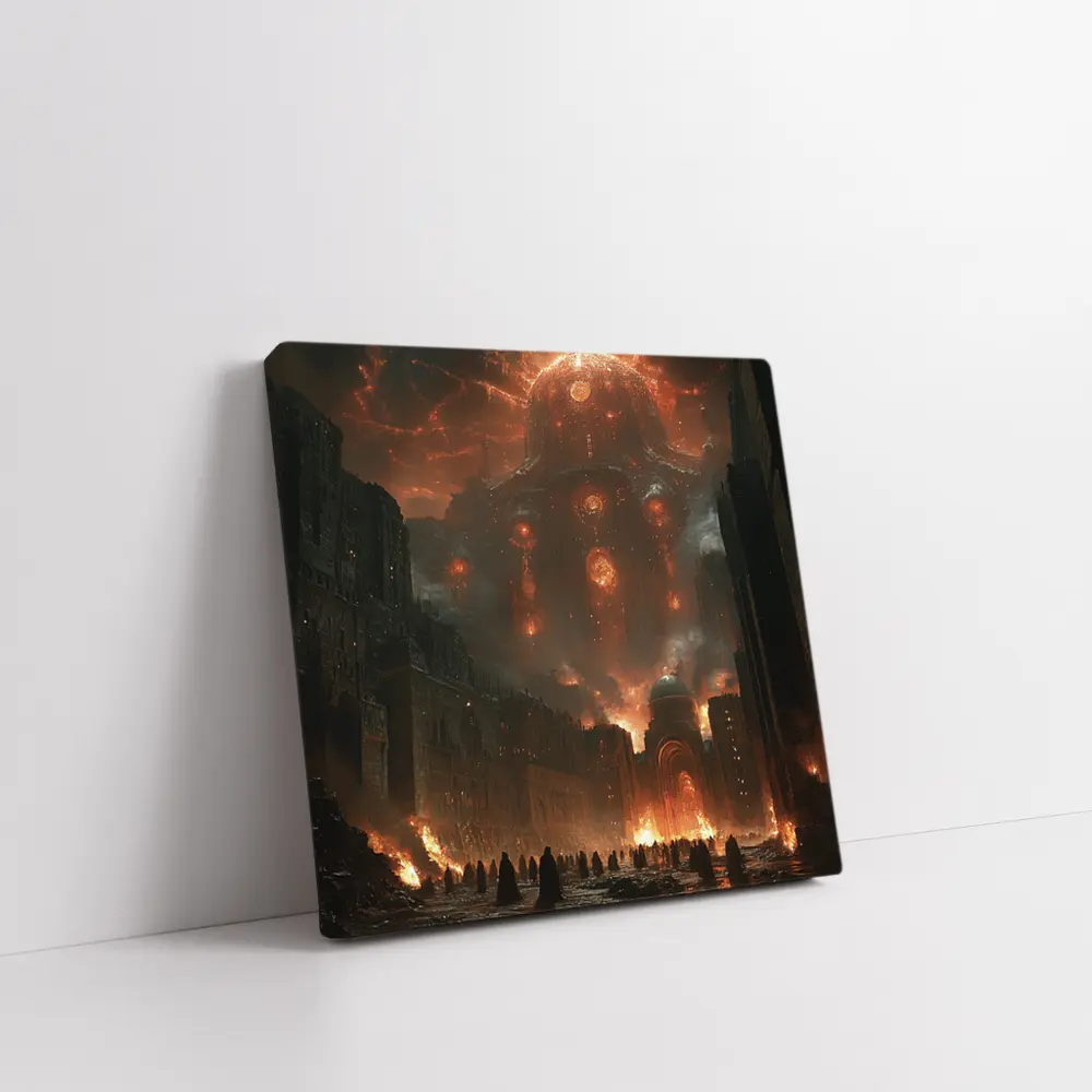 Dark Fantasy City Burning Cosmic Entity Sky – Wall Art