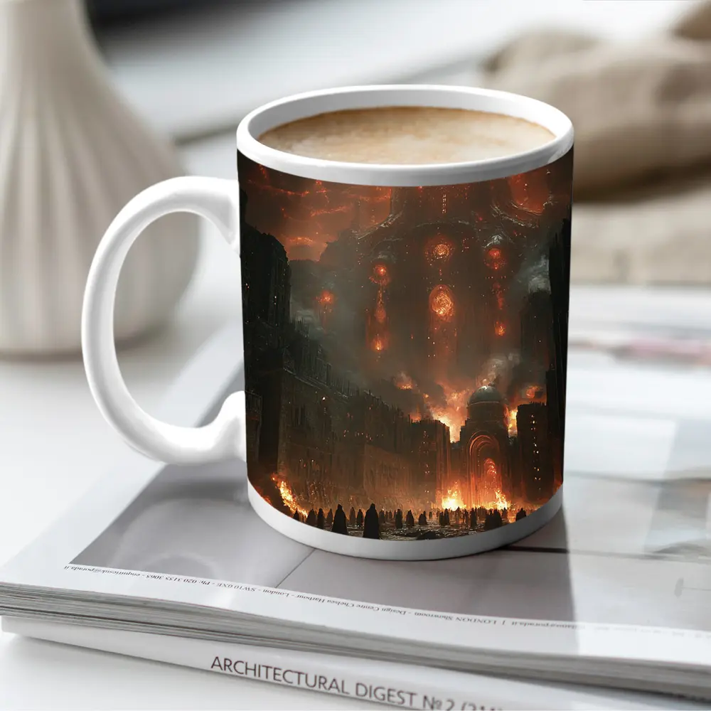 Dark Fantasy City Burning Cosmic Entity Sky – Mugs