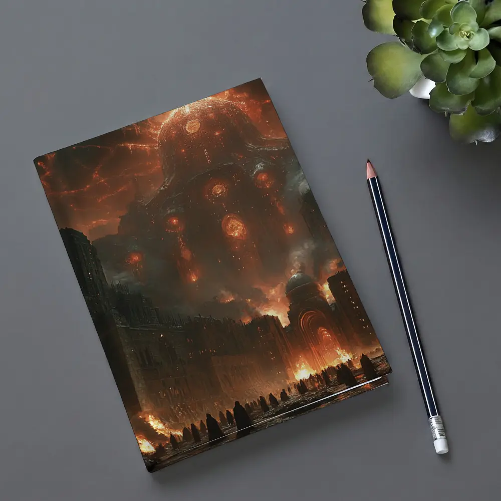 Dark Fantasy City Burning Cosmic Entity Sky – Notebooks
