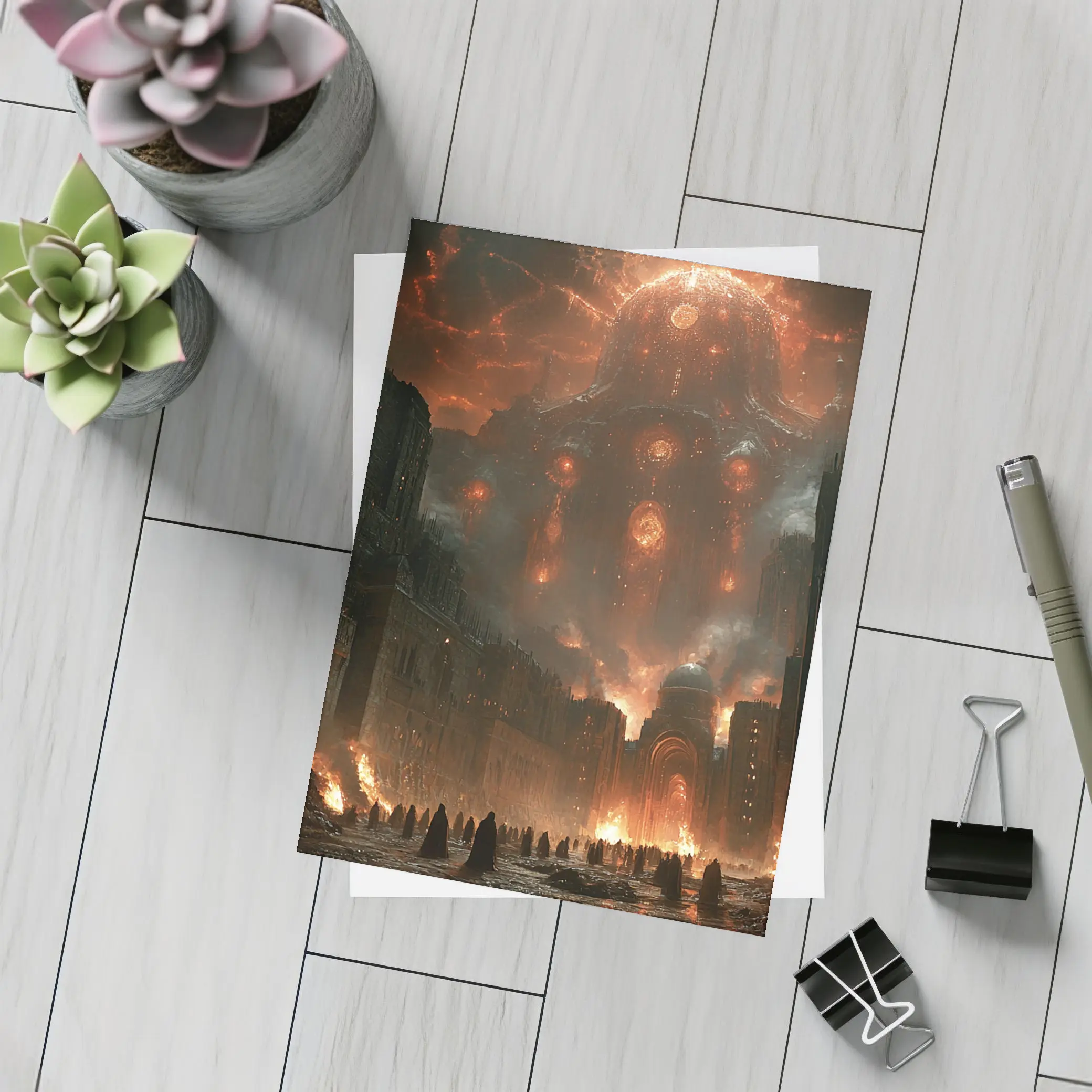 Dark Fantasy City Burning Cosmic Entity Sky – Postcards
