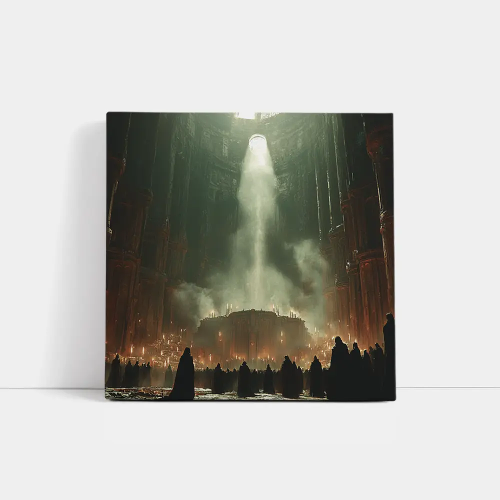 Dark Cathedral Ritual Robed Figures Ancient Hall – Wall Art