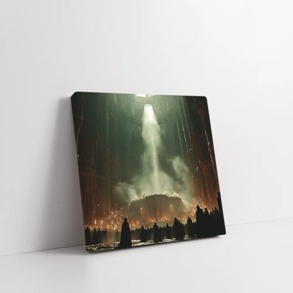 Dark Cathedral Ritual Robed Figures Ancient Hall – Wall Art