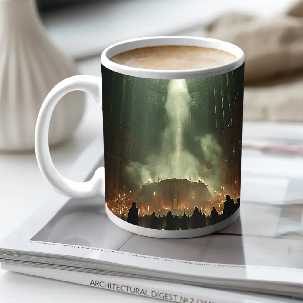 Dark Cathedral Ritual Robed Figures Ancient Hall – Mugs