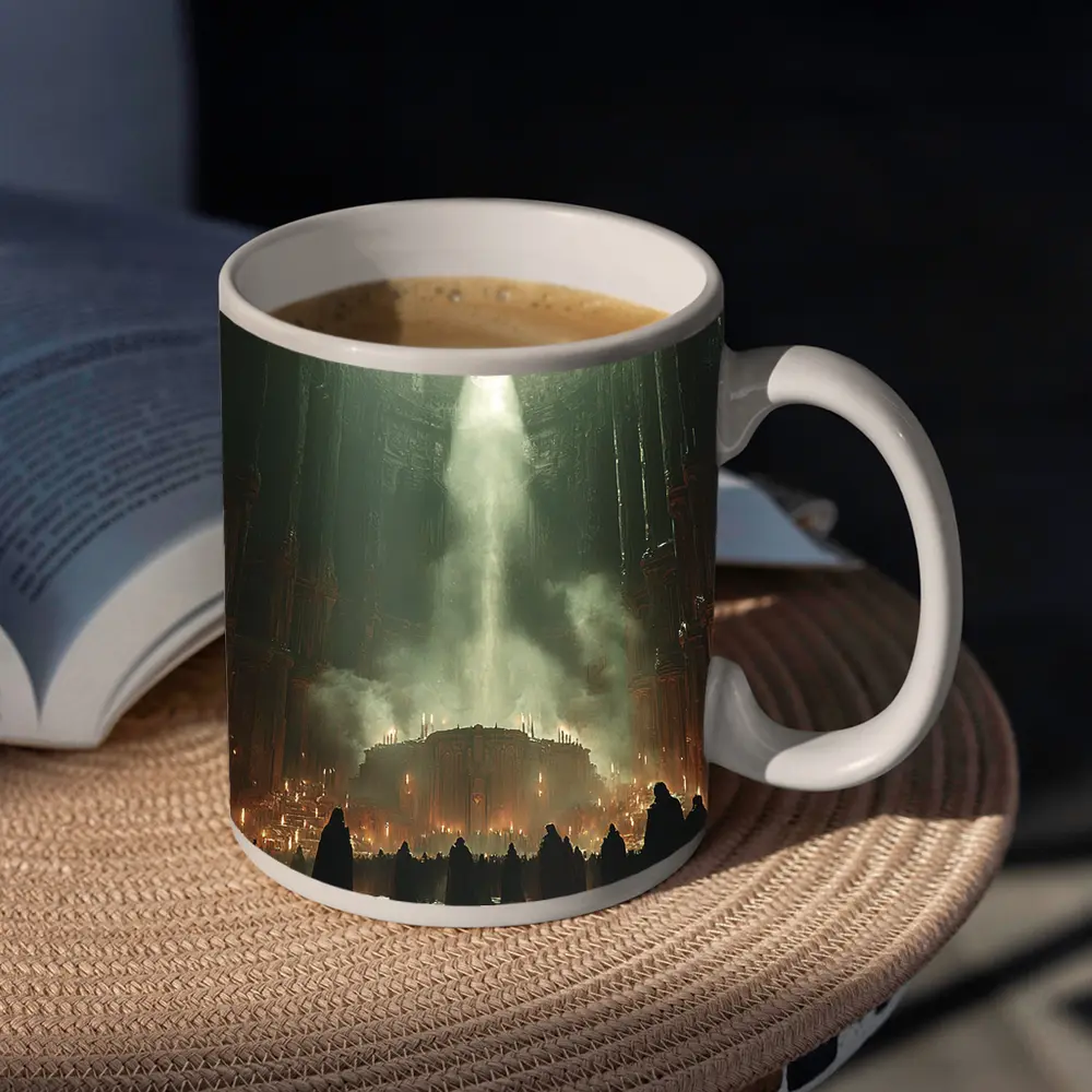 Dark Cathedral Ritual Robed Figures Ancient Hall – Mugs