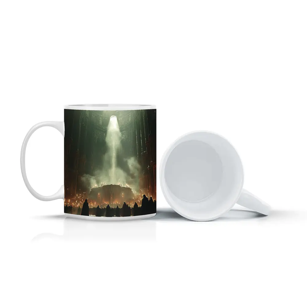 Dark Cathedral Ritual Robed Figures Ancient Hall – Mugs