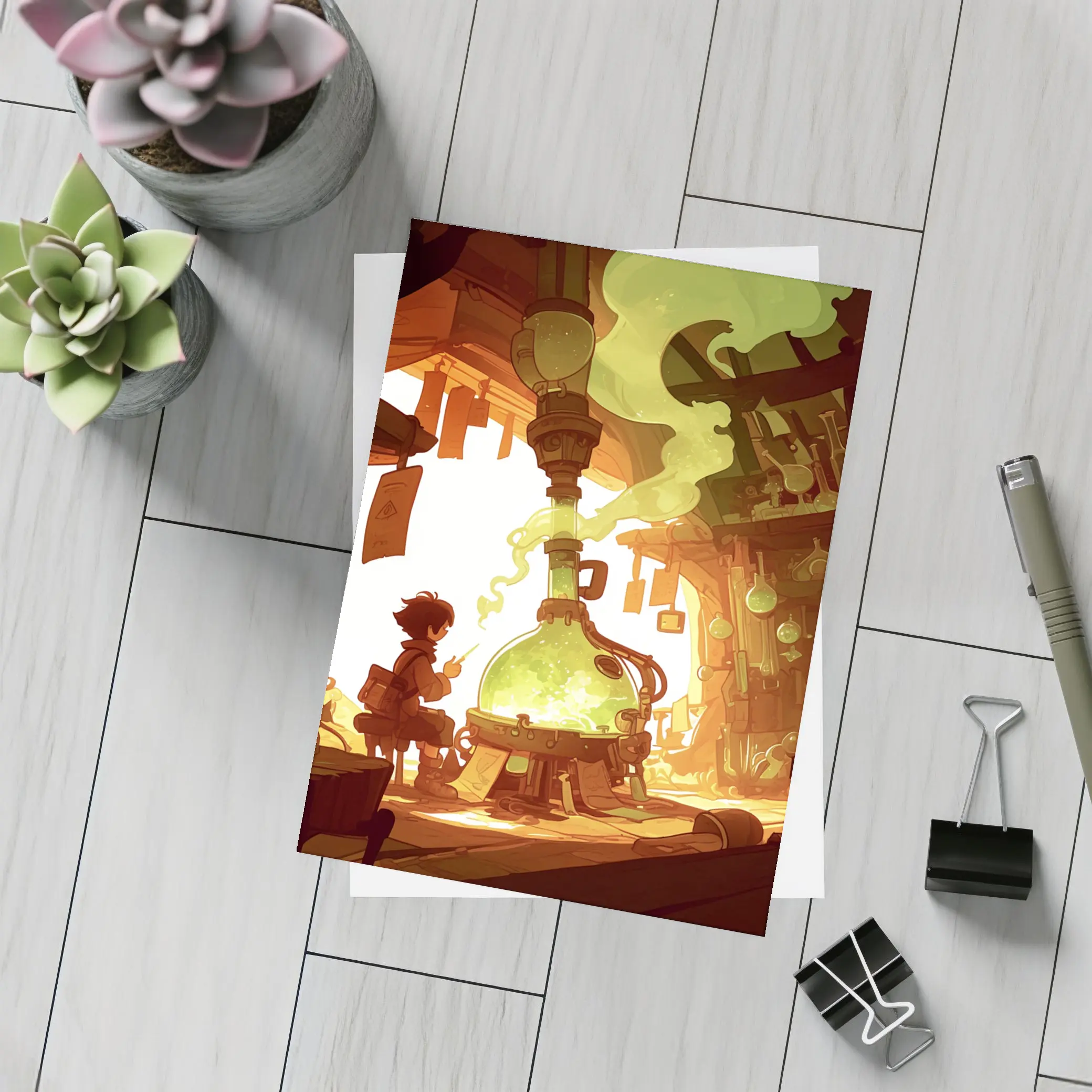 Anime Boy Alchemist Lab Fantasy Scene – Postcards