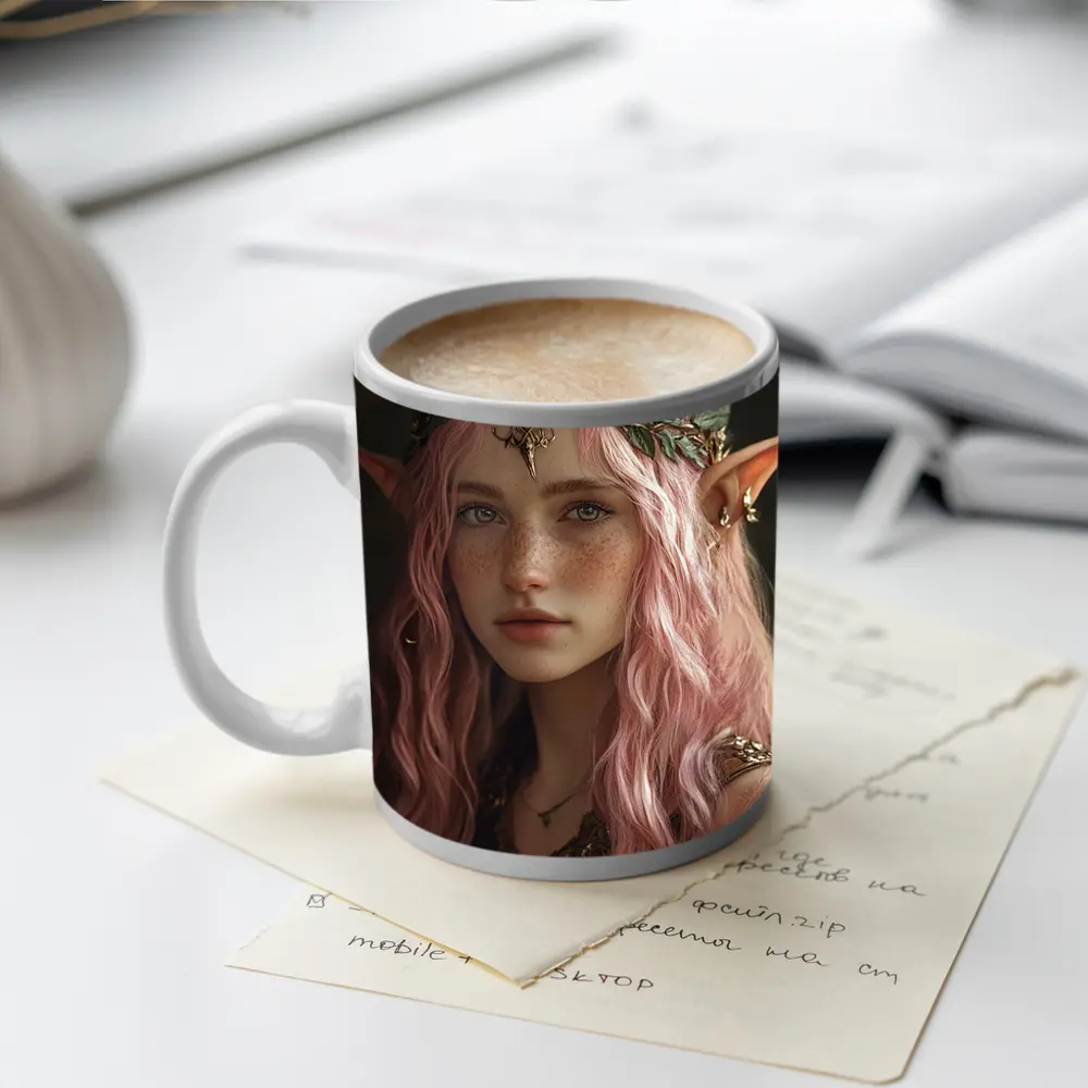 Pink Hair Elf Girl Fantasy Portrait Art – Mugs
