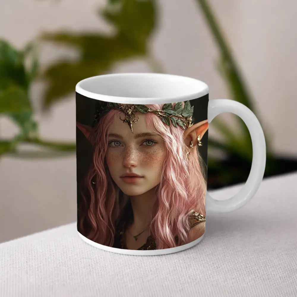 Pink Hair Elf Girl Fantasy Portrait Art – Mugs