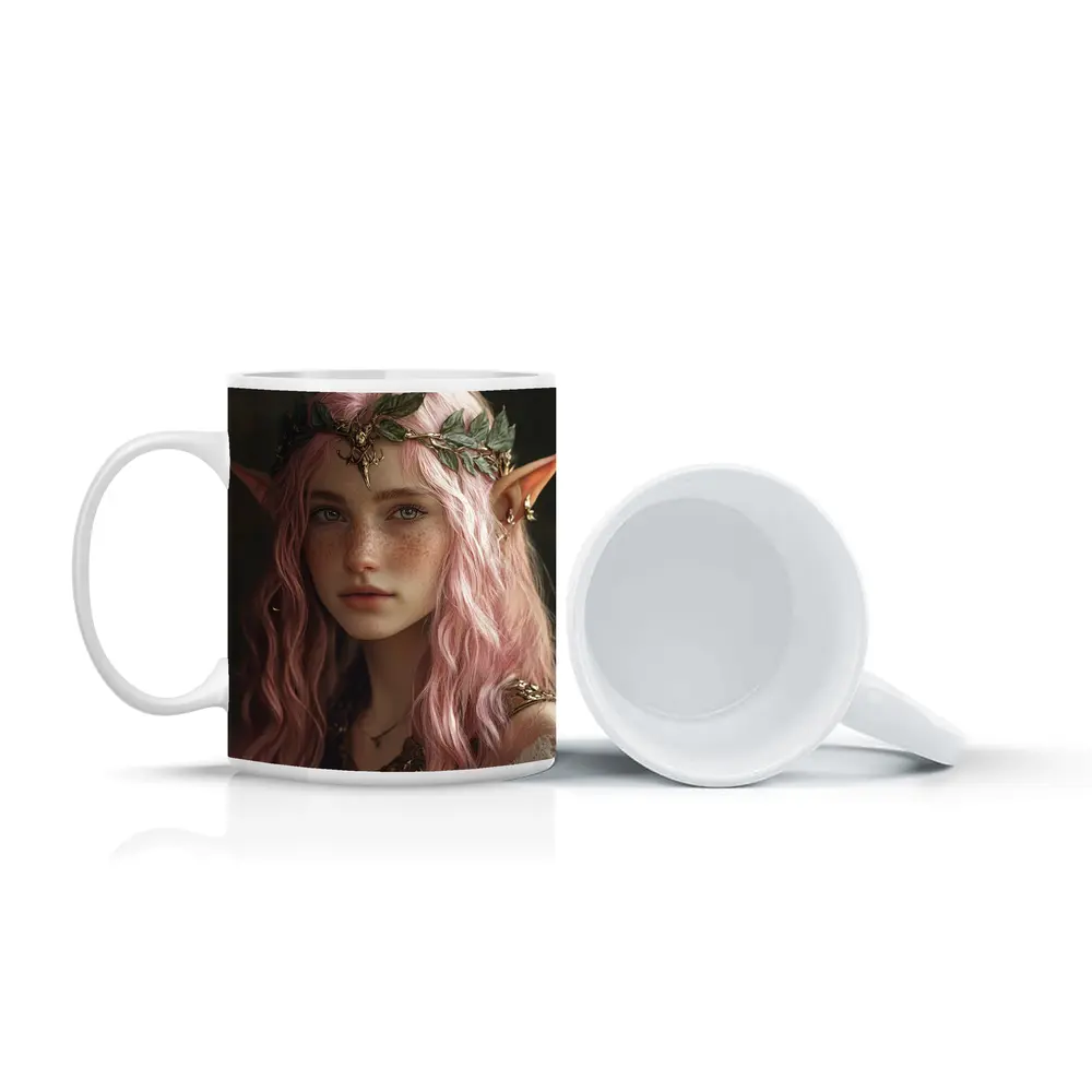 Pink Hair Elf Girl Fantasy Portrait Art – Mugs