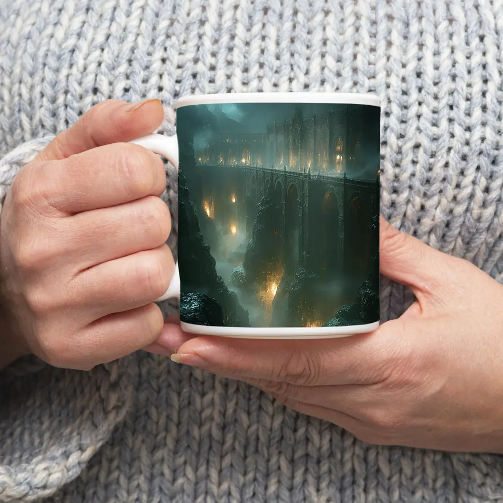Dark Fantasy Bridge Over Misty Chasm – Mugs