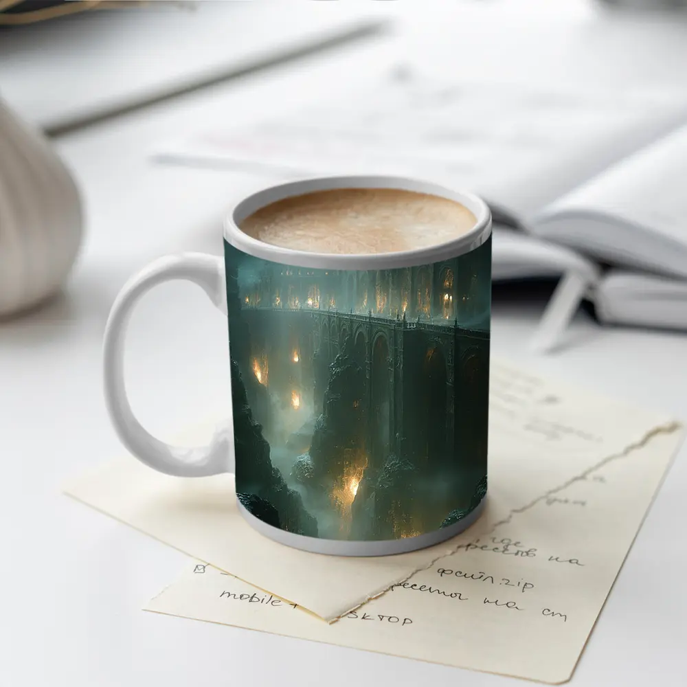 Dark Fantasy Bridge Over Misty Chasm – Mugs