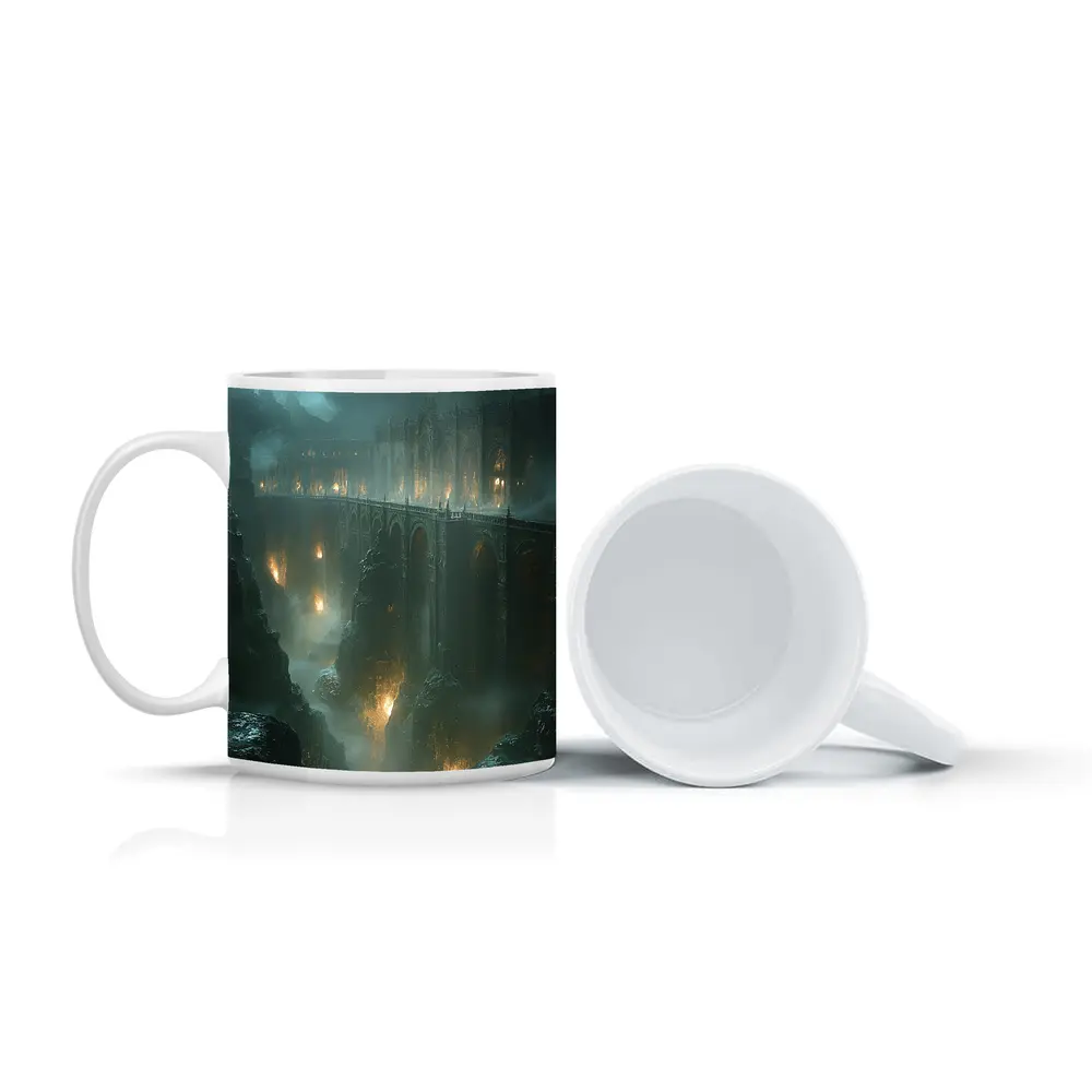 Dark Fantasy Bridge Over Misty Chasm – Mugs
