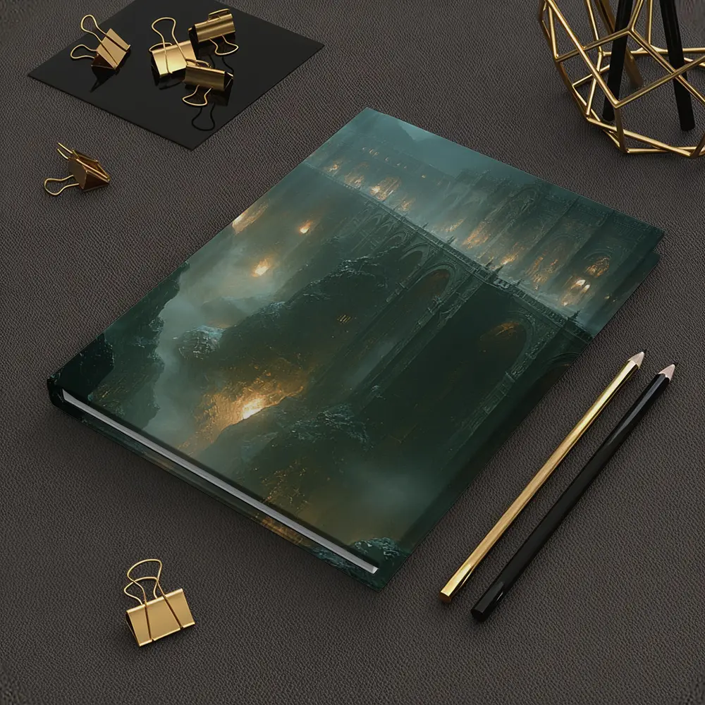 Dark Fantasy Bridge Over Misty Chasm – Notebooks