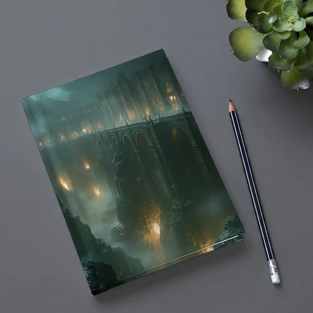 Dark Fantasy Bridge Over Misty Chasm – Notebooks