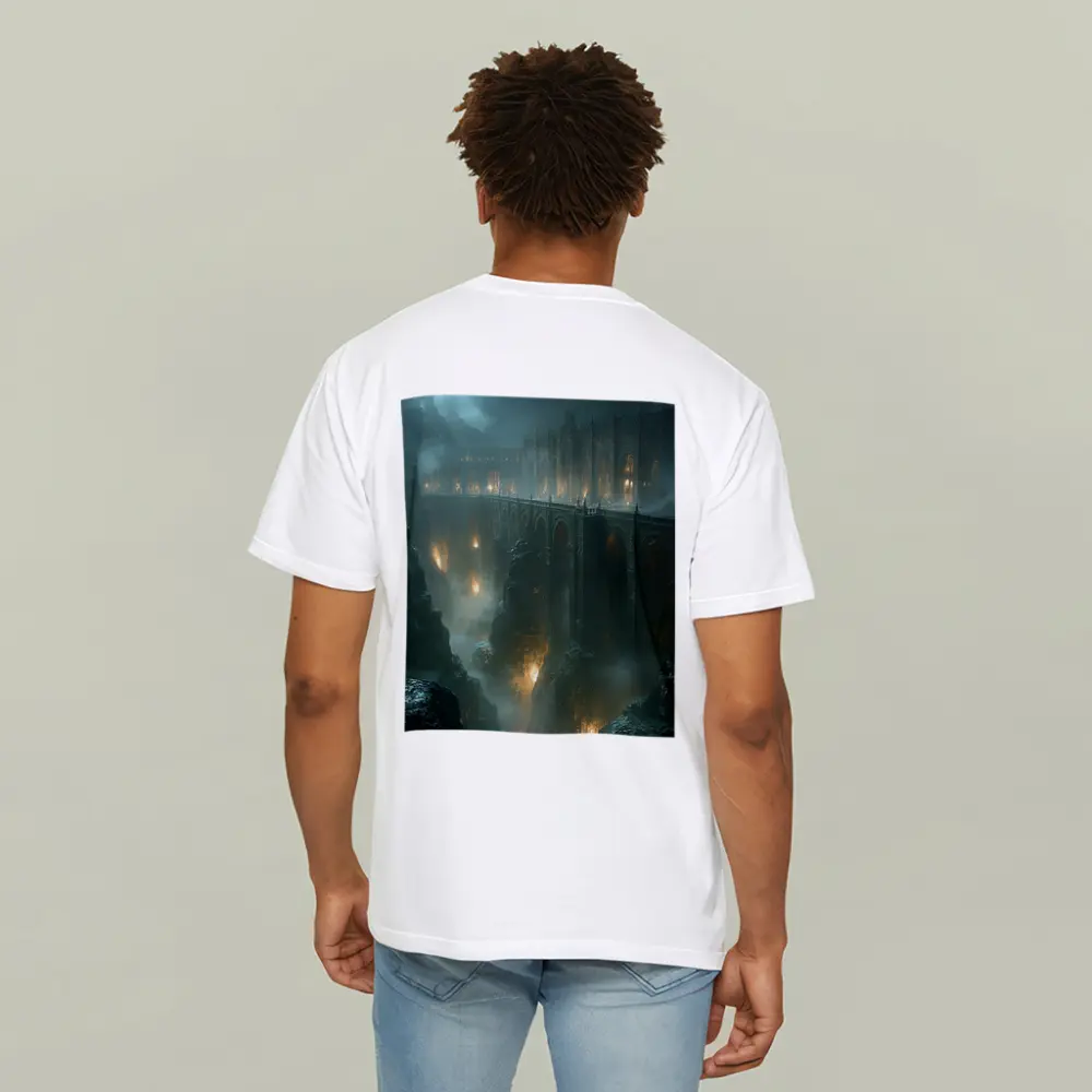 Dark Fantasy Bridge Over Misty Chasm – T-Shirts