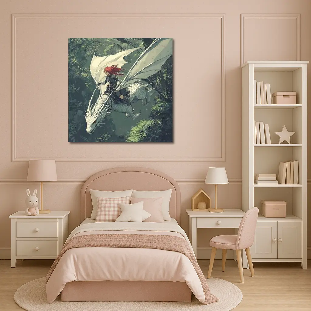 Red Hair Warrior Riding White Dragon Forest – Wall Art