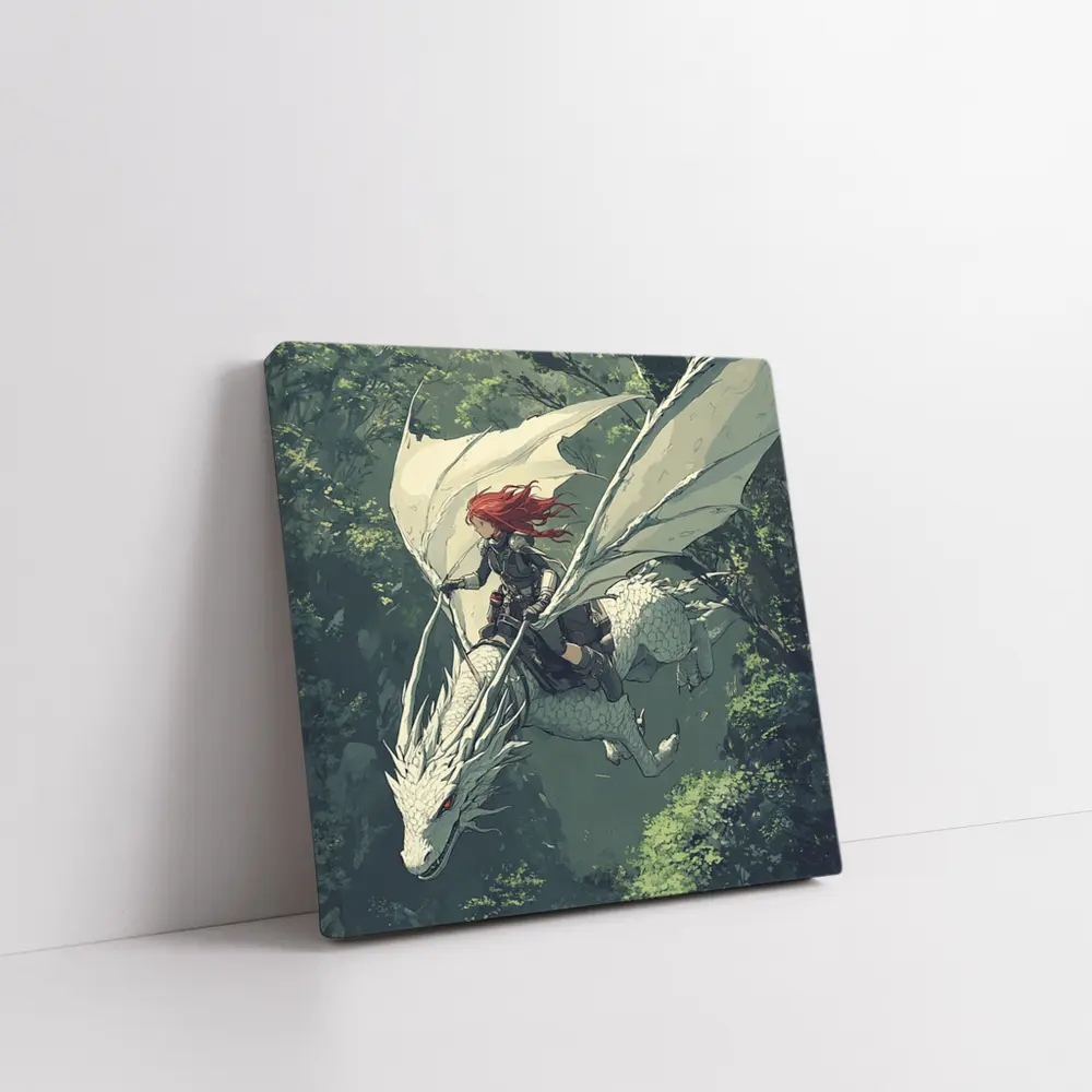 Red Hair Warrior Riding White Dragon Forest – Wall Art
