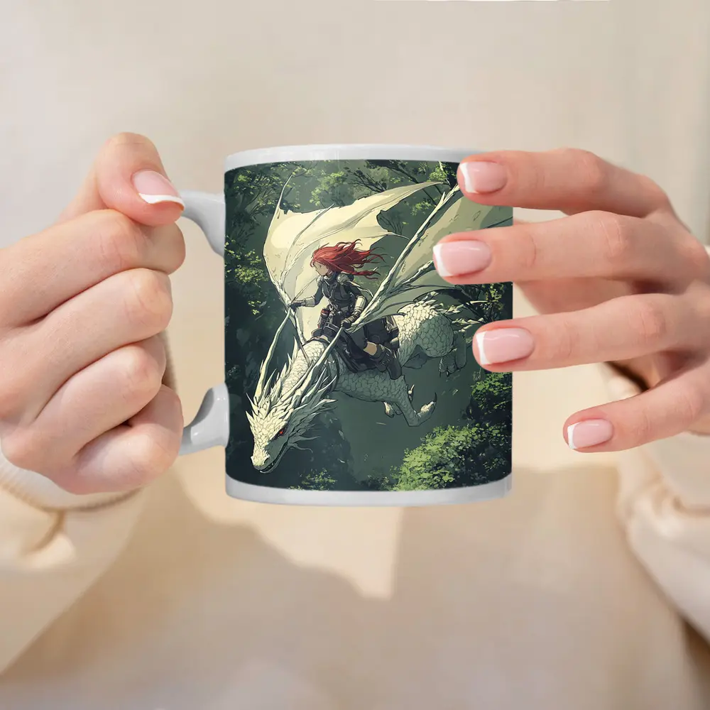 Red Hair Warrior Riding White Dragon Forest – Mugs