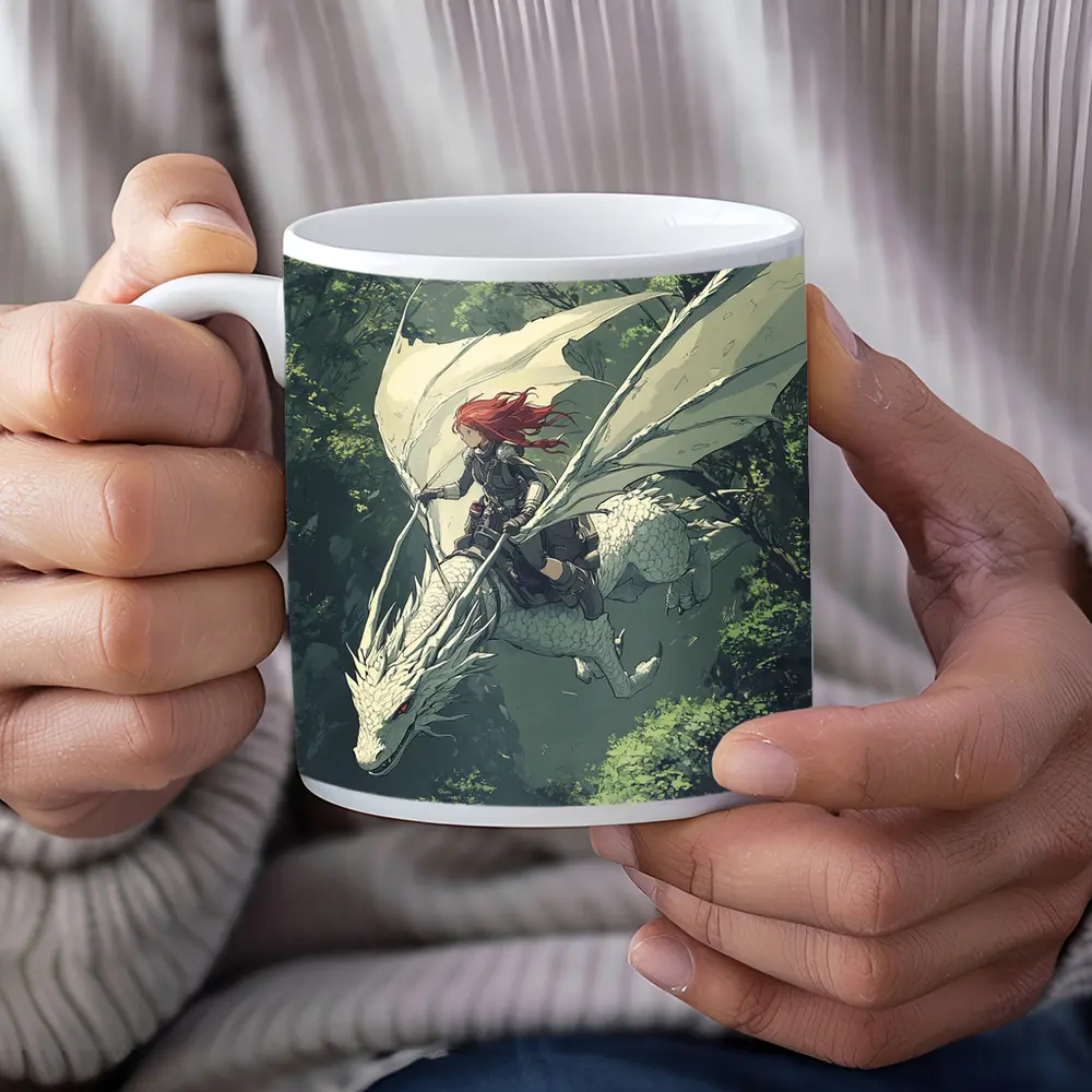 Red Hair Warrior Riding White Dragon Forest – Mugs