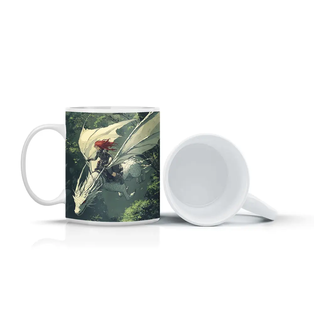 Red Hair Warrior Riding White Dragon Forest – Mugs