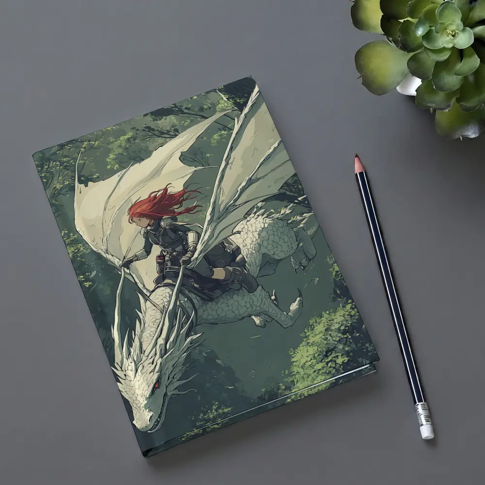 Red Hair Warrior Riding White Dragon Forest – Notebooks