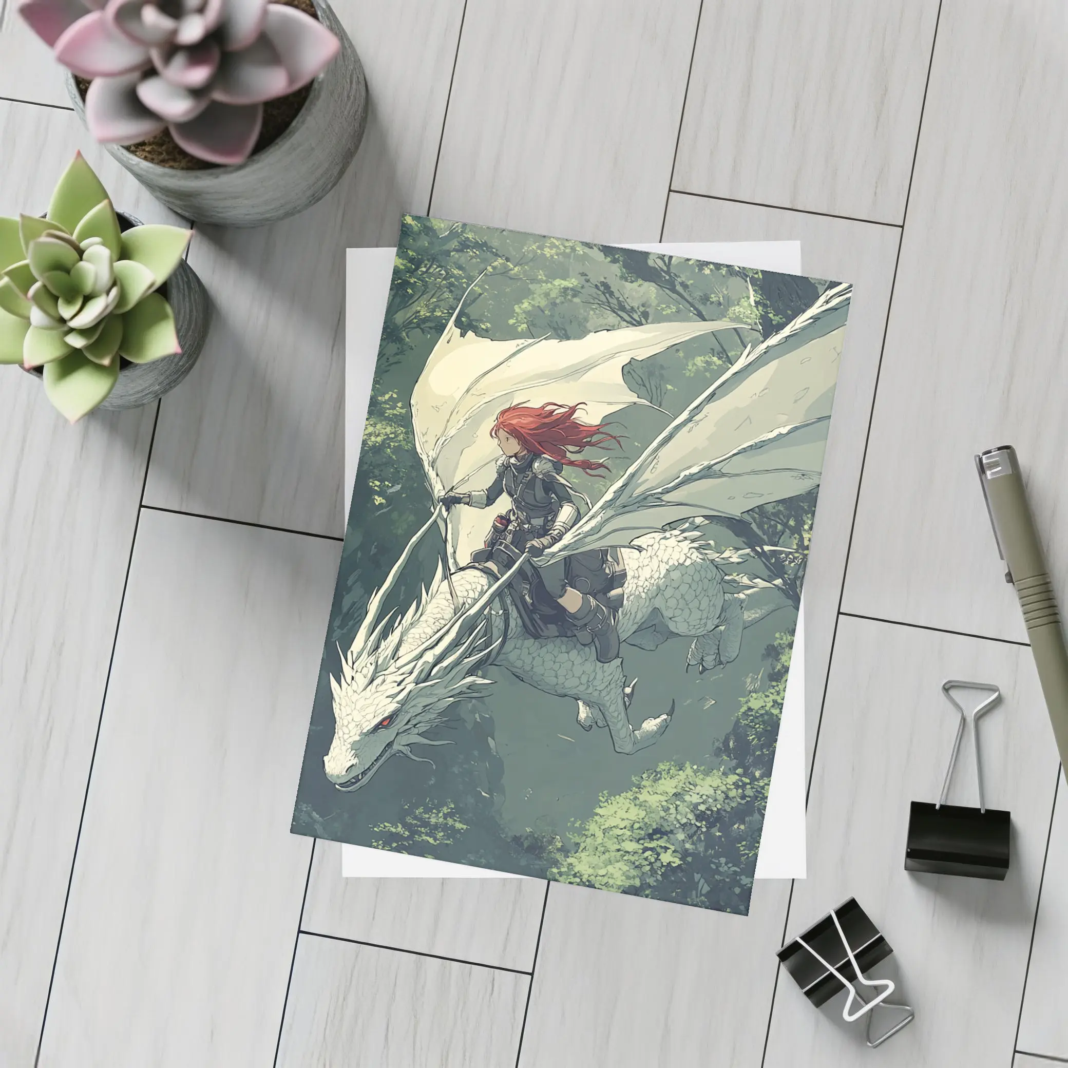 Red Hair Warrior Riding White Dragon Forest – Postcards