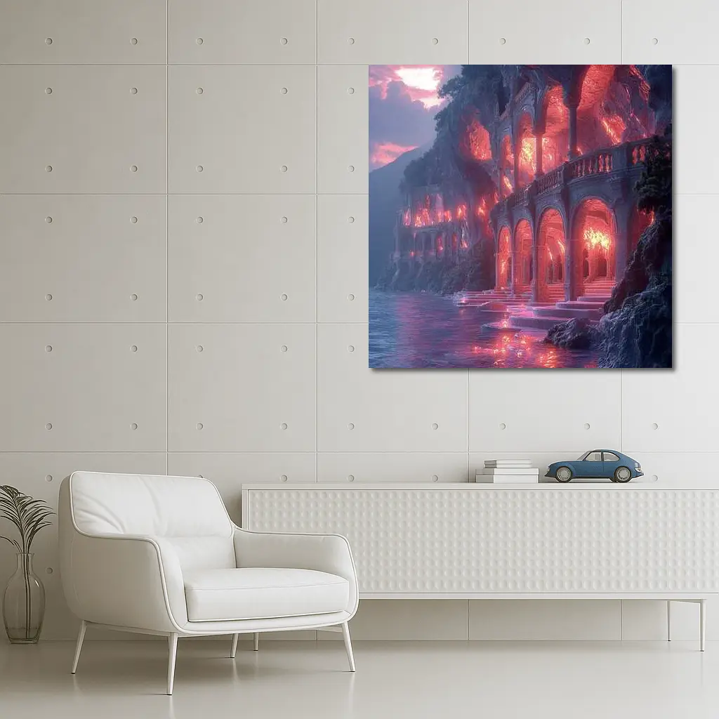 Fantasy Glowing Palace Carved Into Cliffside – Wall Art