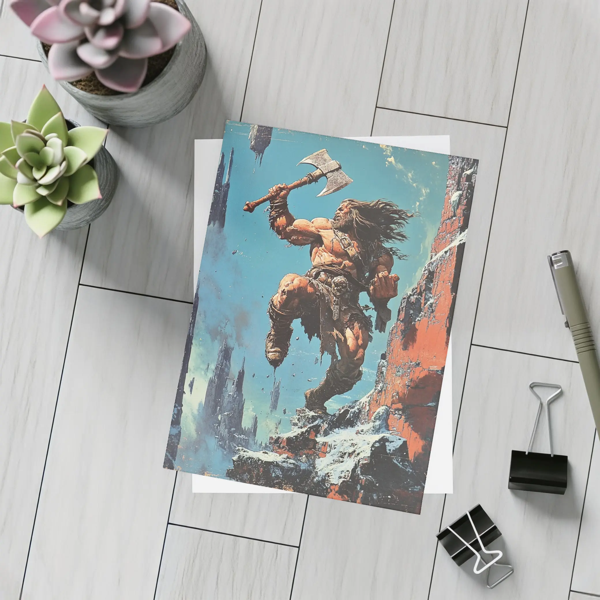 Barbarian Warrior Axe Ruined Fantasy City – Postcards