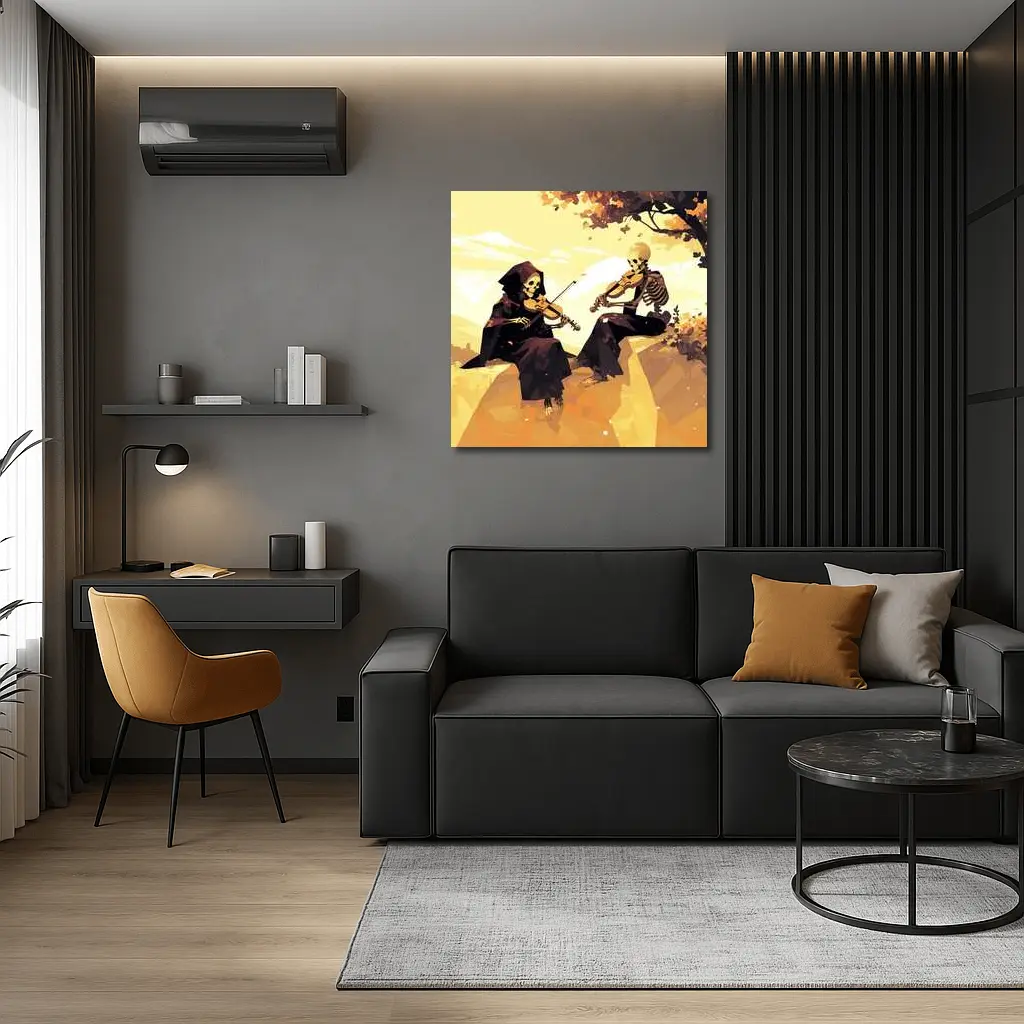 Skeletons Playing Violin Autumn Golden Landscape – Wall Art