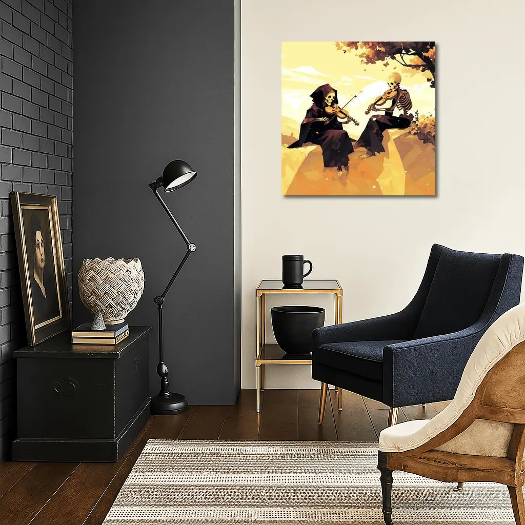 Skeletons Playing Violin Autumn Golden Landscape – Wall Art