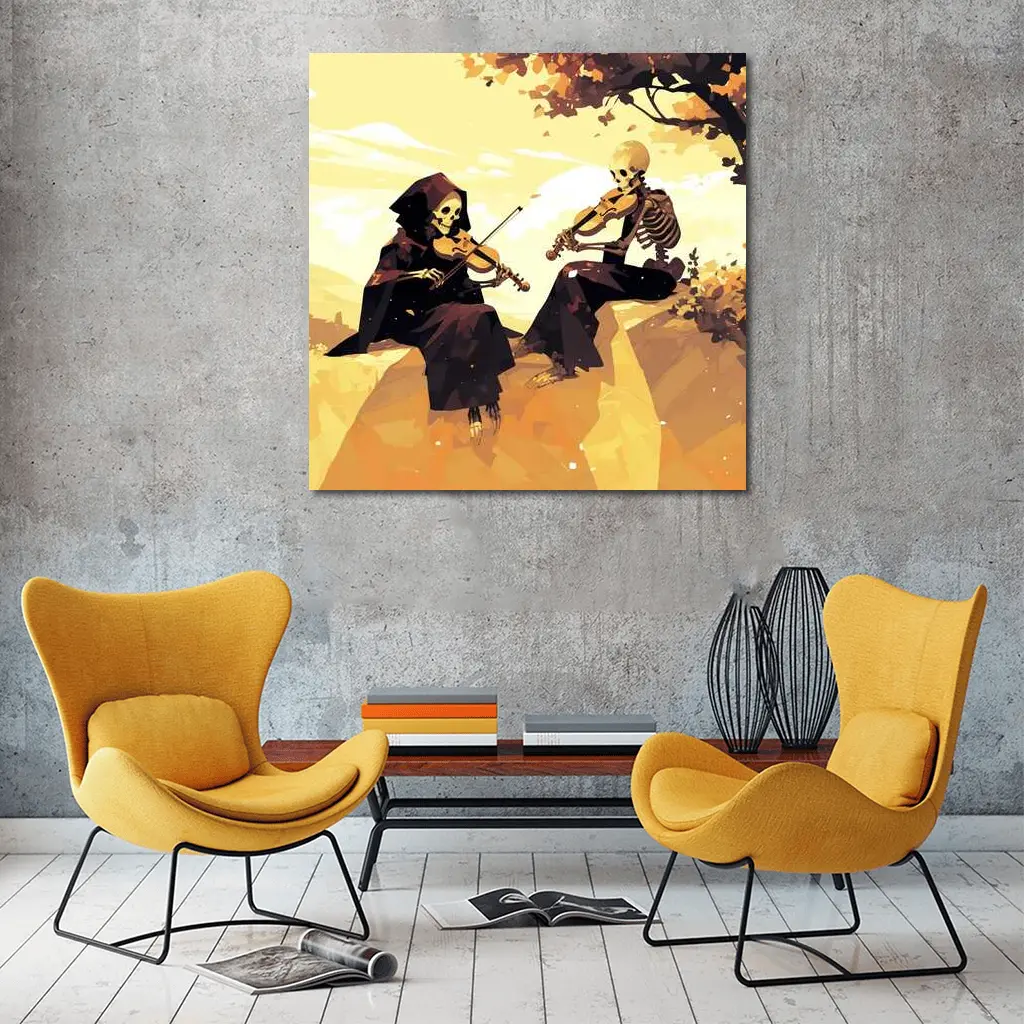 Skeletons Playing Violin Autumn Golden Landscape – Wall Art