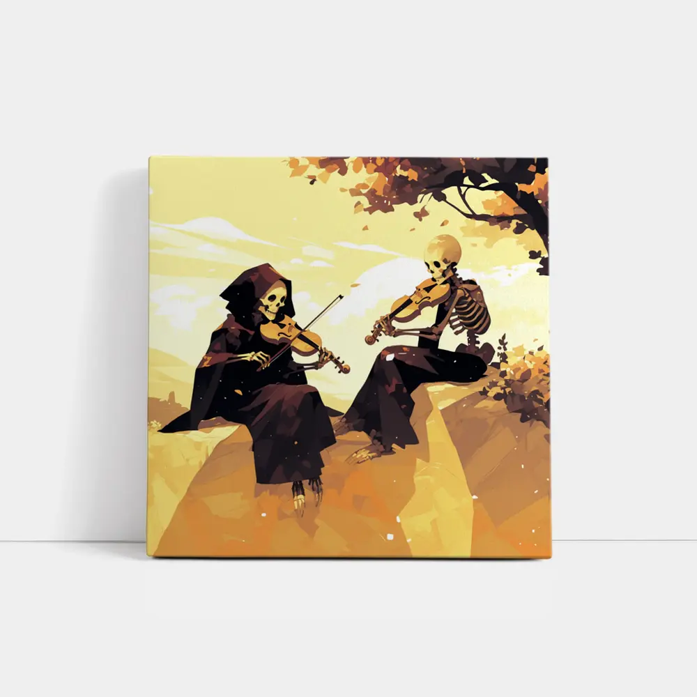 Skeletons Playing Violin Autumn Golden Landscape – Wall Art