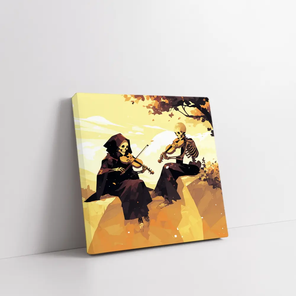 Skeletons Playing Violin Autumn Golden Landscape – Wall Art