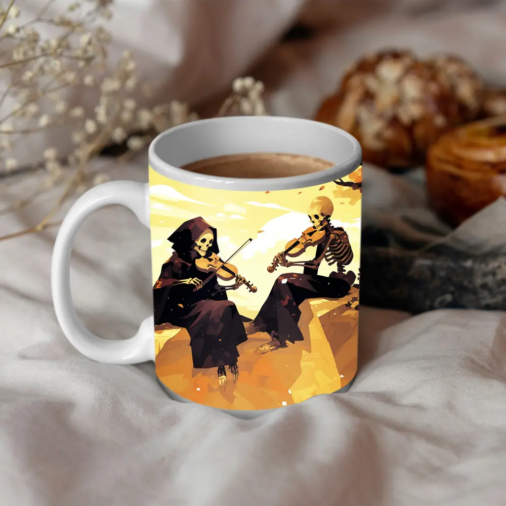 Skeletons Playing Violin Autumn Golden Landscape – Mugs