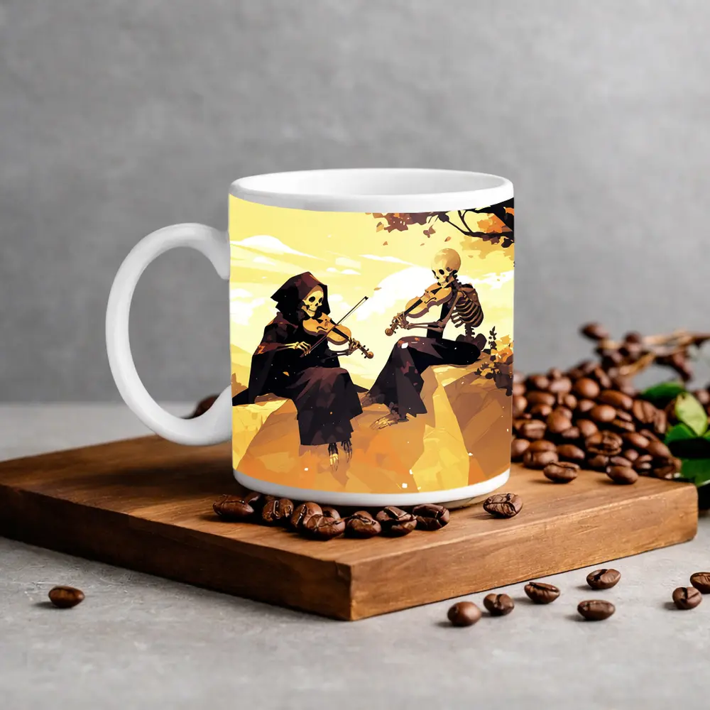 Skeletons Playing Violin Autumn Golden Landscape – Mugs