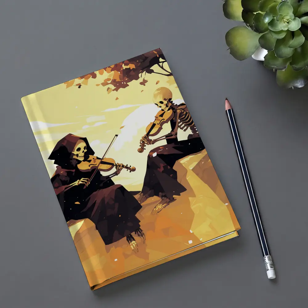 Skeletons Playing Violin Autumn Golden Landscape – Notebooks