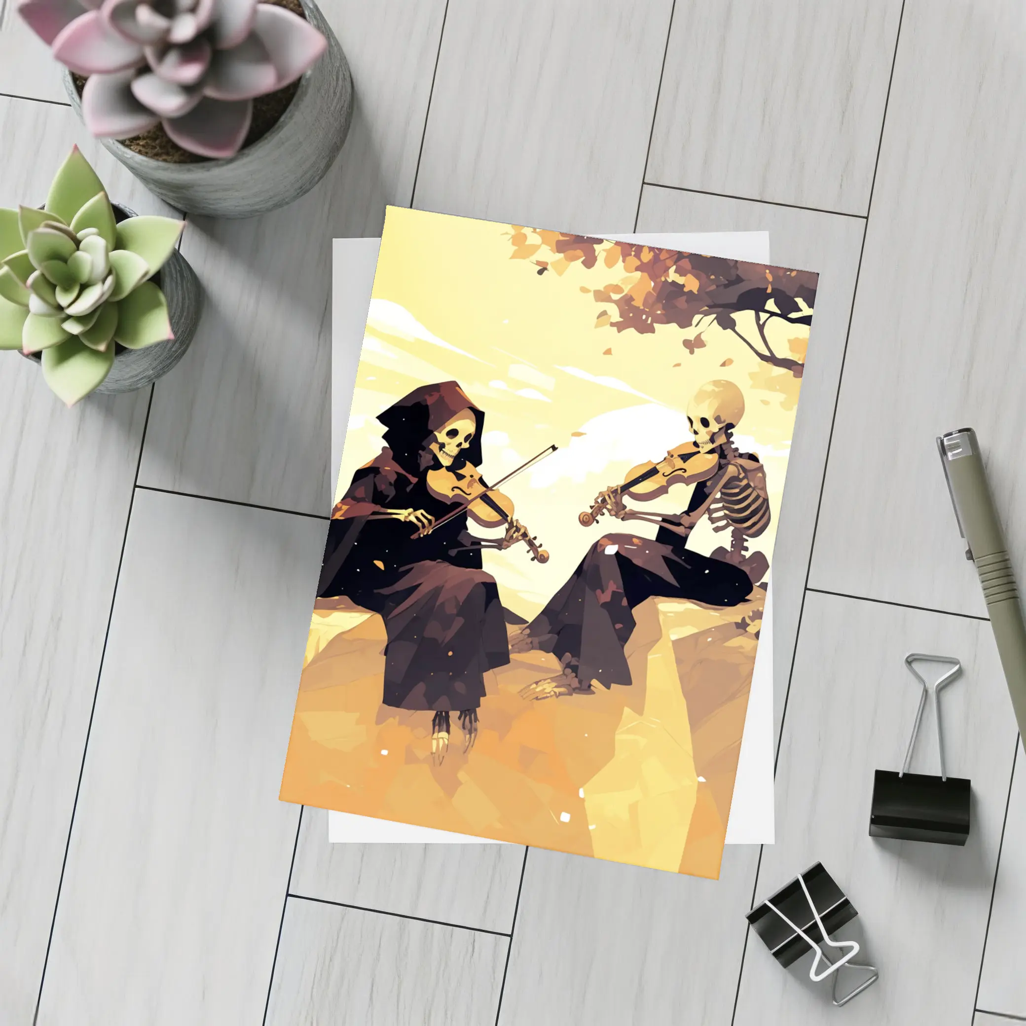 Skeletons Playing Violin Autumn Golden Landscape – Postcards