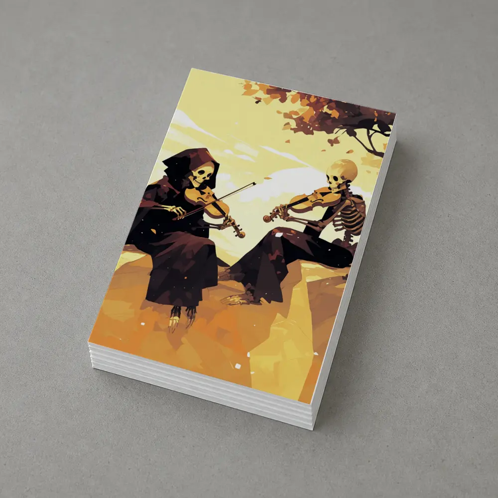Skeletons Playing Violin Autumn Golden Landscape – Postcards