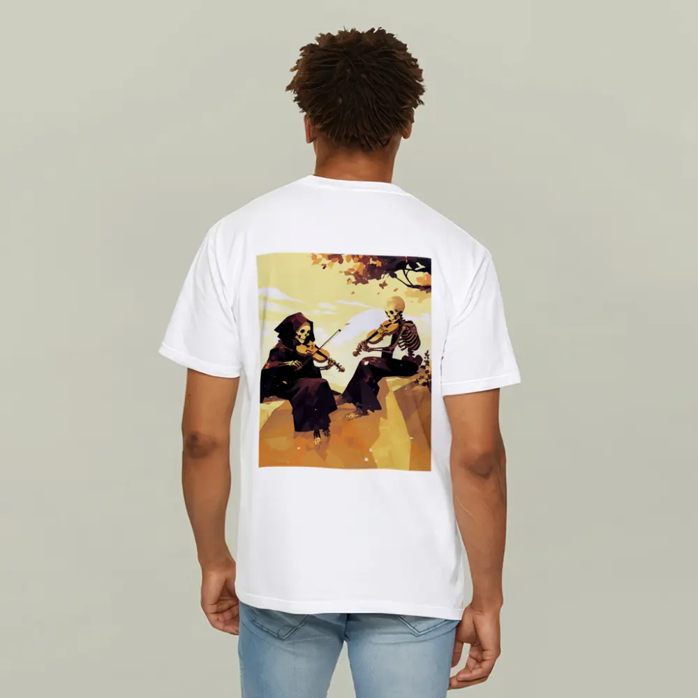 Skeletons Playing Violin Autumn Golden Landscape – T-Shirts