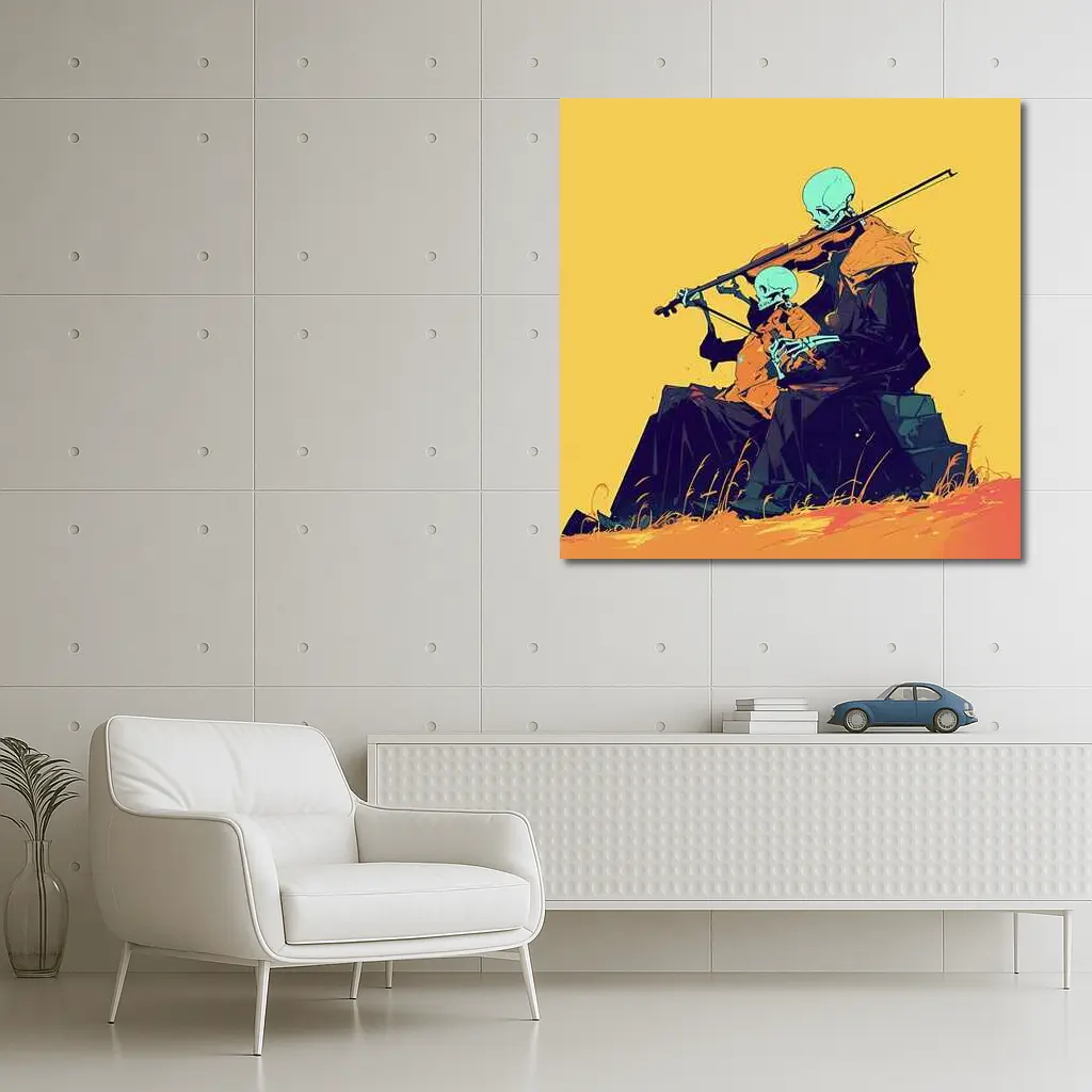 Skeleton Duo Playing Violin Yellow Background – Wall Art