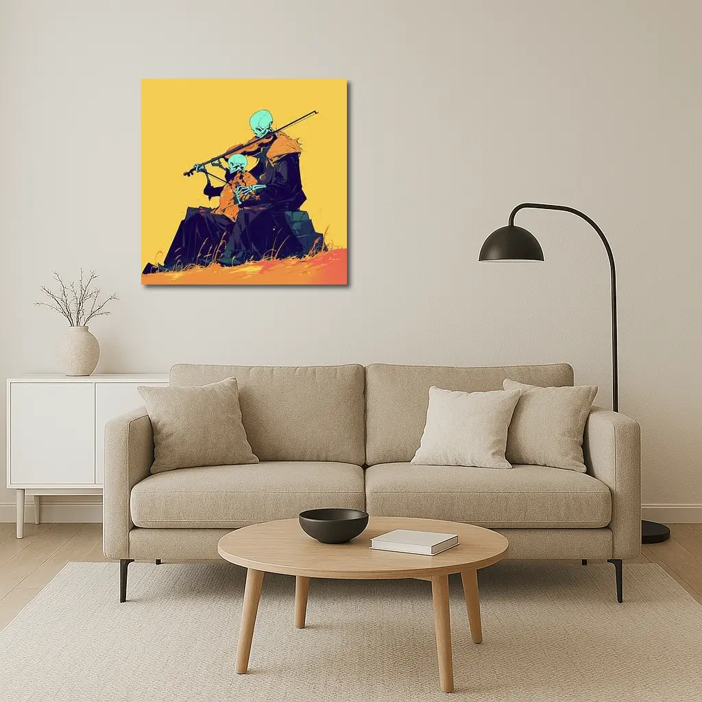 Skeleton Duo Playing Violin Yellow Background – Wall Art