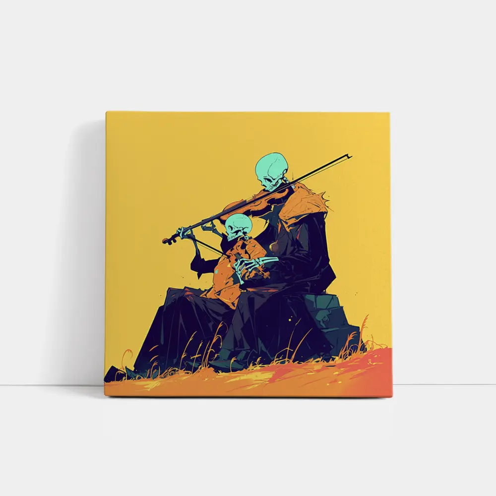 Skeleton Duo Playing Violin Yellow Background – Wall Art