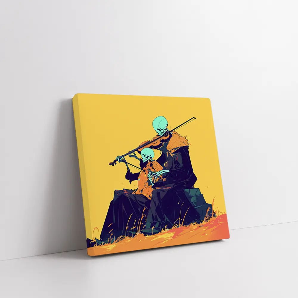 Skeleton Duo Playing Violin Yellow Background – Wall Art