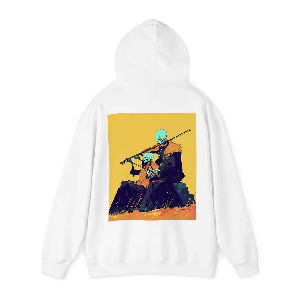 Skeleton Duo Playing Violin Yellow Background – Hoodies