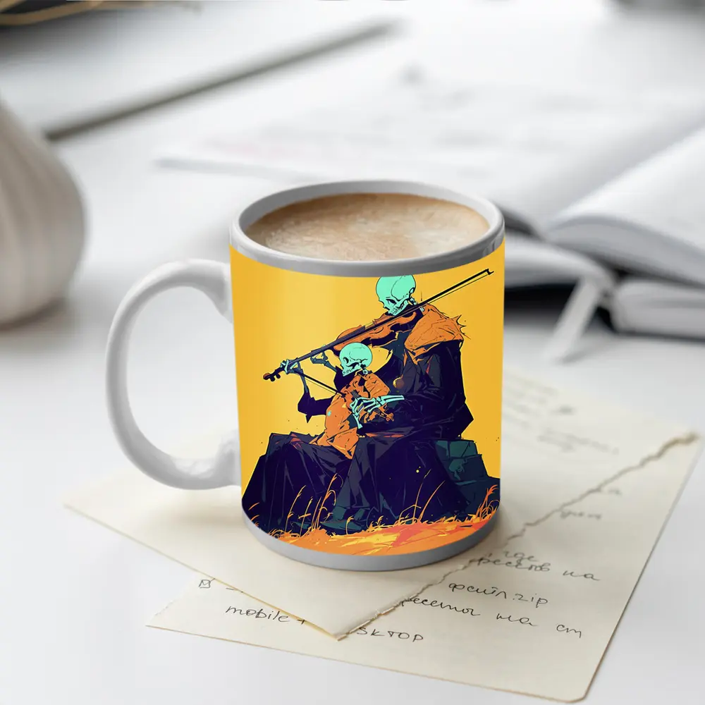 Skeleton Duo Playing Violin Yellow Background – Mugs