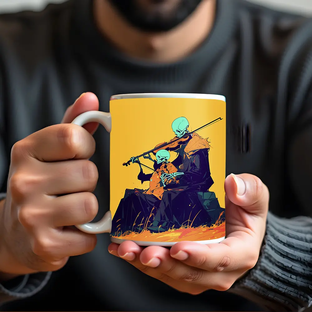 Skeleton Duo Playing Violin Yellow Background – Mugs
