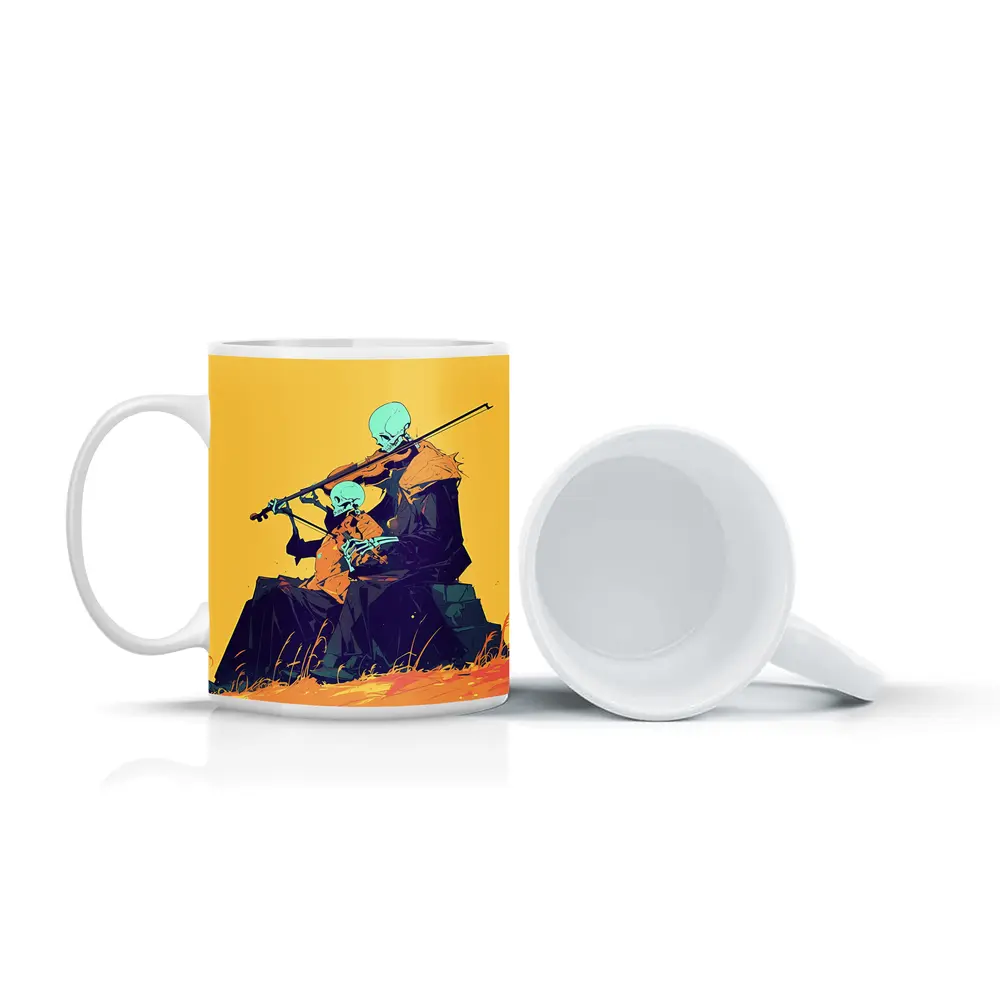 Skeleton Duo Playing Violin Yellow Background – Mugs